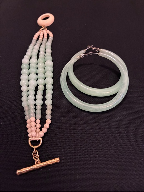 Jewelry - Beaded Multi-Strand Pale Turquoise Bracelet with Turquoise Hoop Earrings